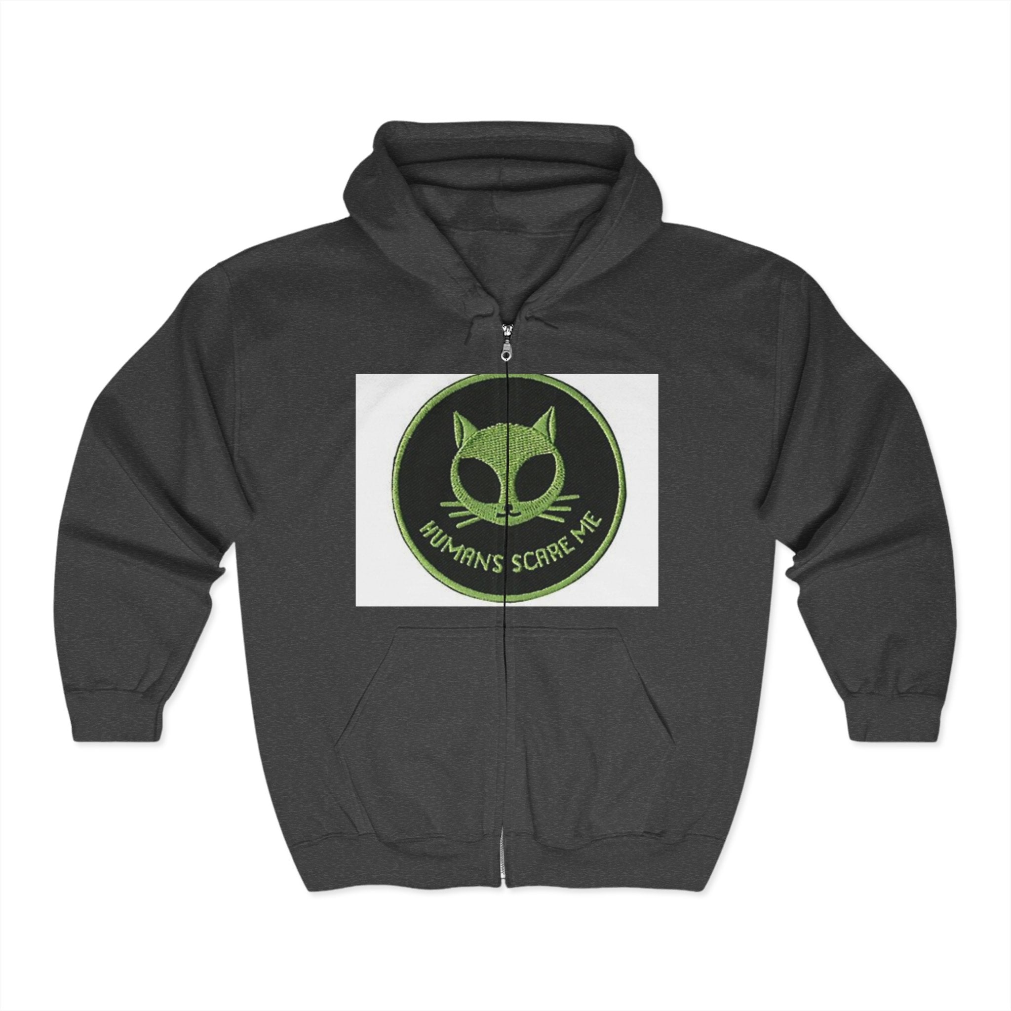 Unisex Cat-Themed Full Zip Hoodie - 'Humans Scare Me'