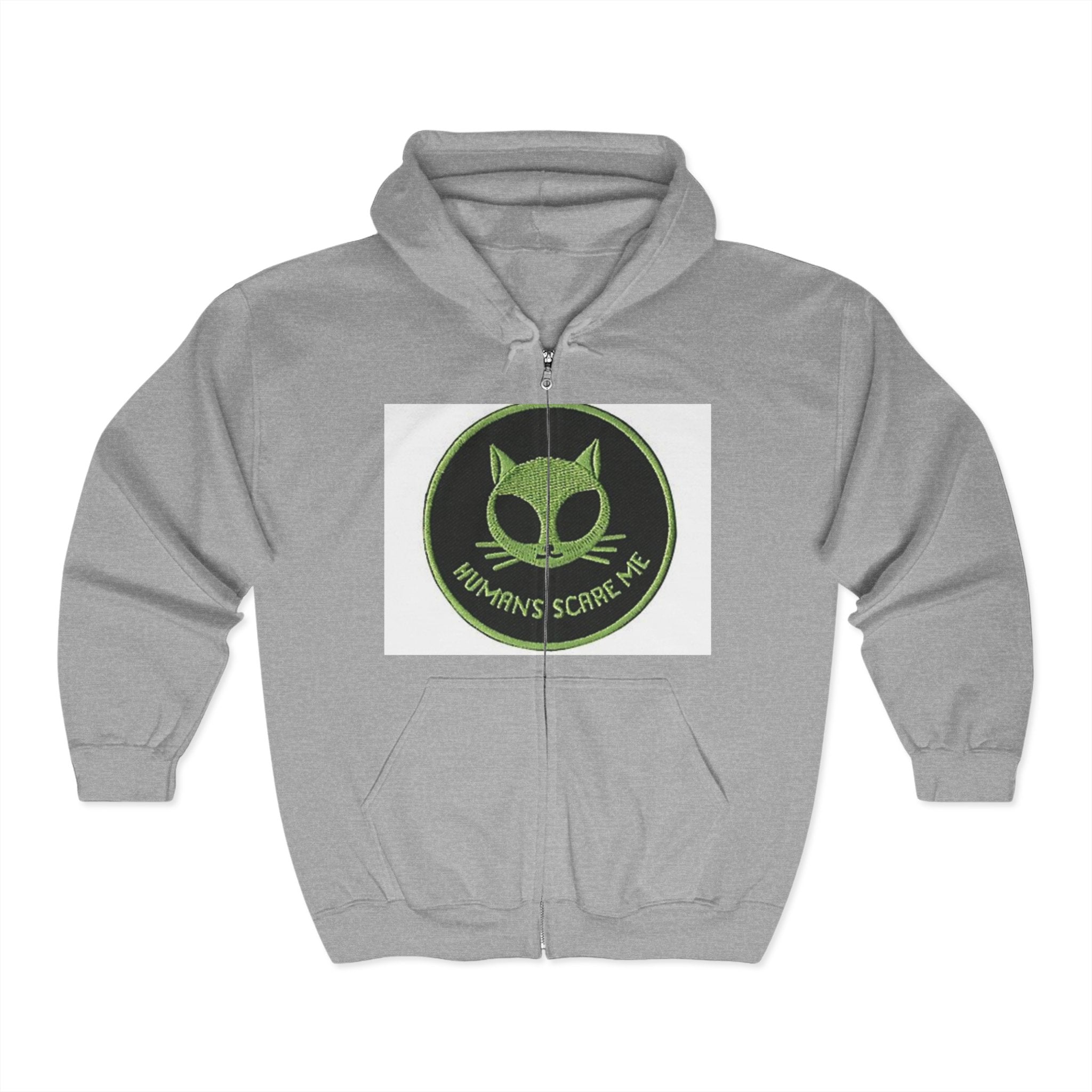 Unisex Cat-Themed Full Zip Hoodie - 'Humans Scare Me'