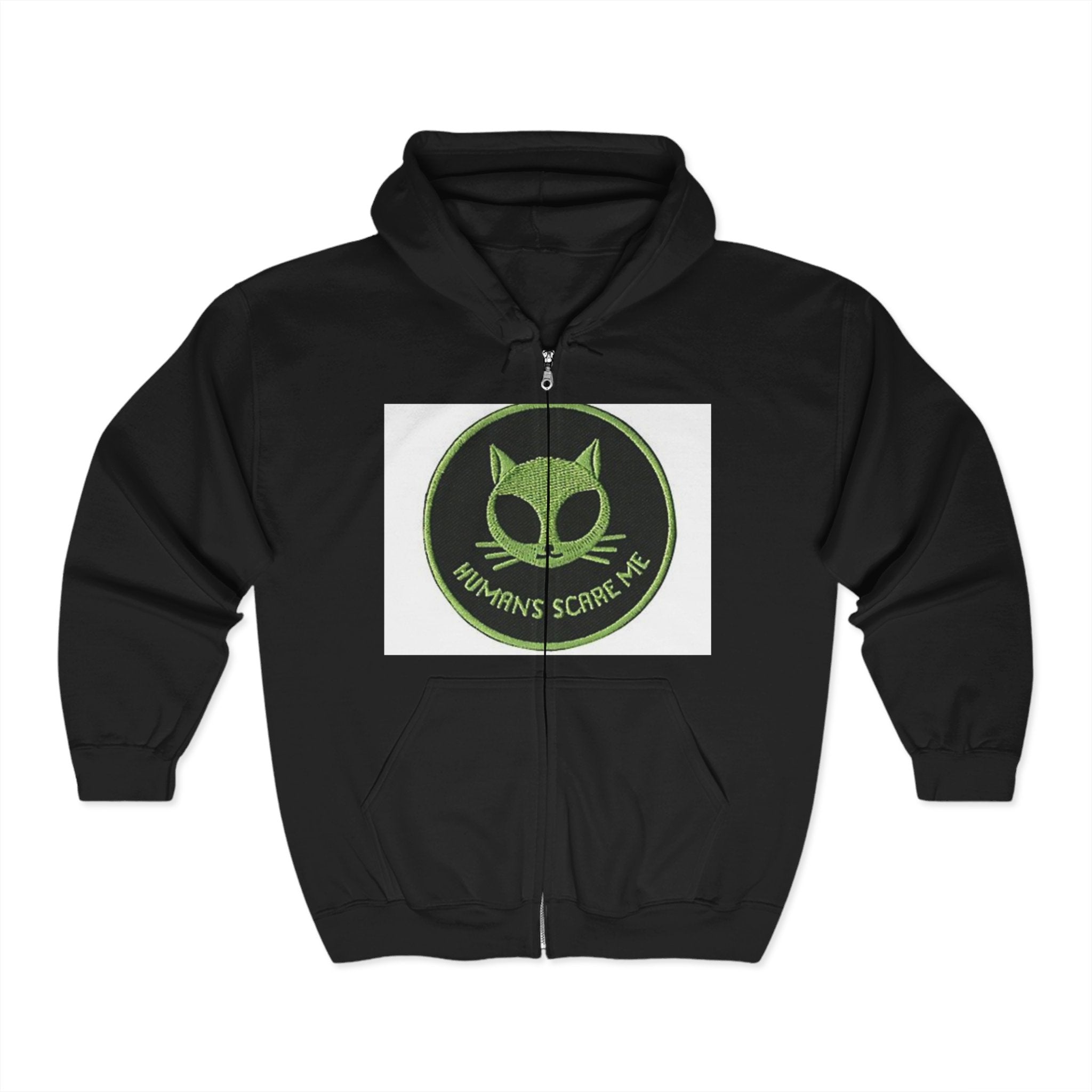 Unisex Cat-Themed Full Zip Hoodie - 'Humans Scare Me'